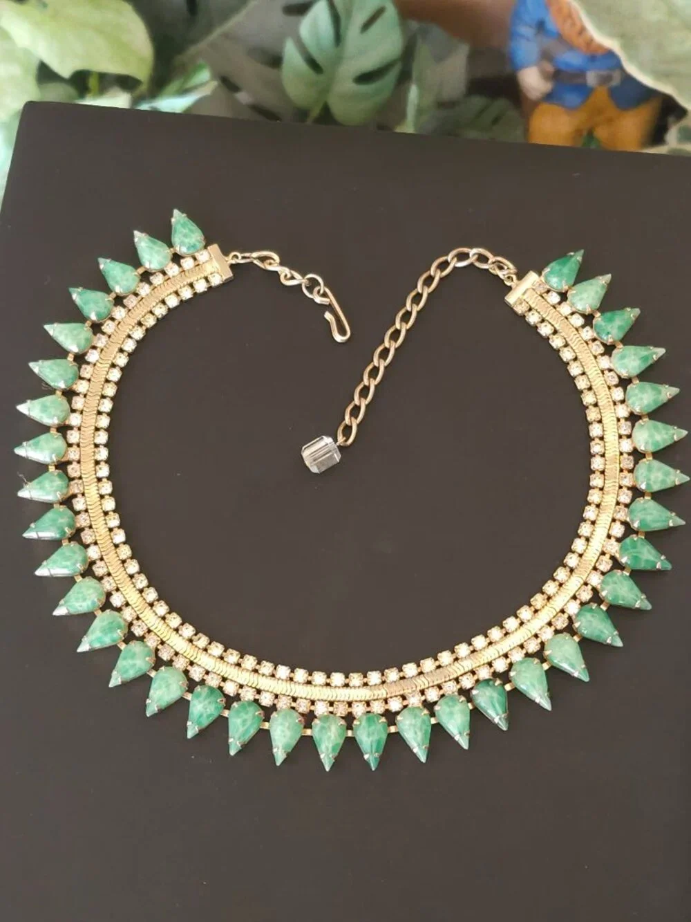 Vintage Faux Jade Glass and Rhinestone Collar Necklace